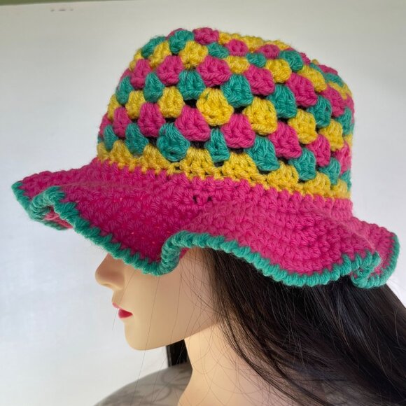 Crochet Bucket Hat Granny Square Pattern Pink Green Yellow Adult Handmade